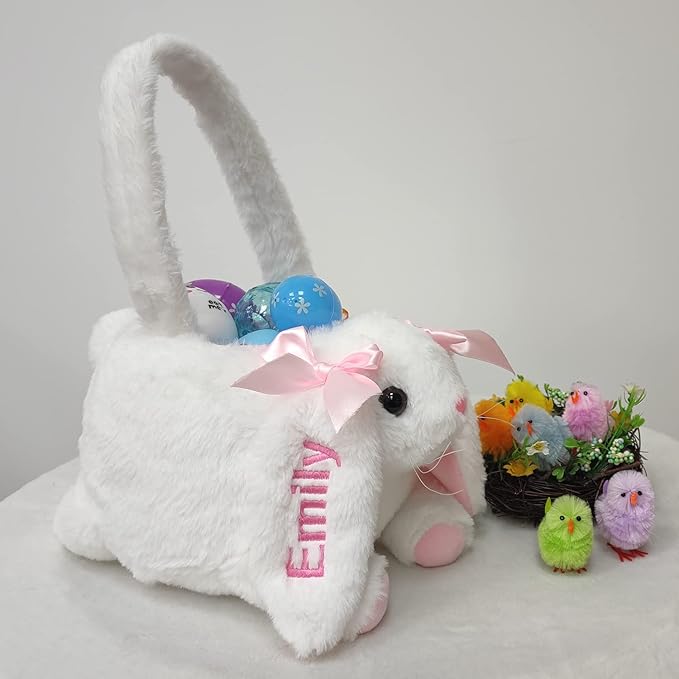 DearSun Exquisite Embroidery ! Personalized Easter Egg Hunting Basket 3D Plush Bunny Basket Candy Gift Bucket with Embroidery Name (White Plush Bunny Basket)
