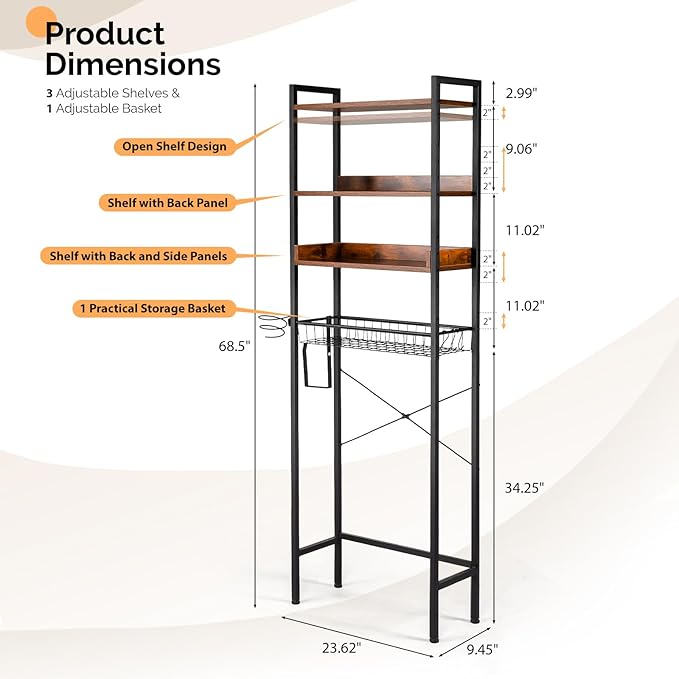 VINGLI Over-The-Toilet Storage Rack,4 Tier Bathroom Shelf Organizer Adjustable with Basket and Paper Holder,Freestanding Bathroom Space Saver Matal Stand with Feet Pad Above Toilet,Rustic Brown