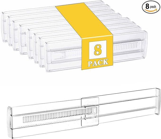 8 Pack Drawer Dividers for Clothes, 3.15" High 11.34"-19.69" Adjustable Expandable Dresser Drawer Organizer, Clear Plastic Separators for Dresser, Baby Clothing, Underwear, Cosmetic