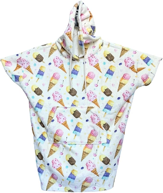 Venice Surf Club Cotton/Microfiber Kids Surf Poncho, Wetsuit Changing Towel Bath Robe with Hood and Pocket for Ages 3-7 and 8-12 (Ice Creams, 8-12 Years)