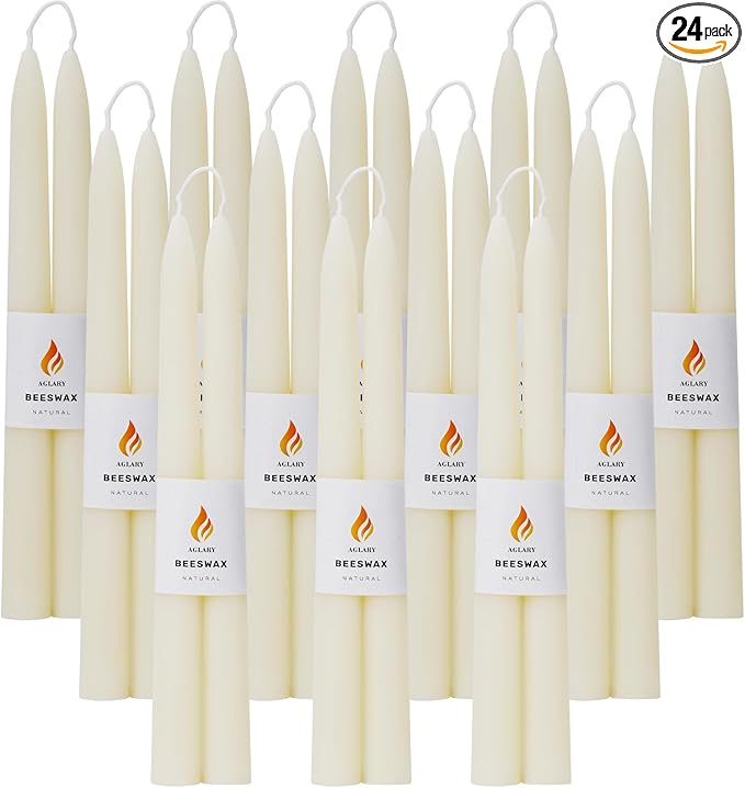 9-Inch Handmade White Beeswax Taper Candles, Dripless-Smokeless, 9-Hour Burn Time, 24-Pack