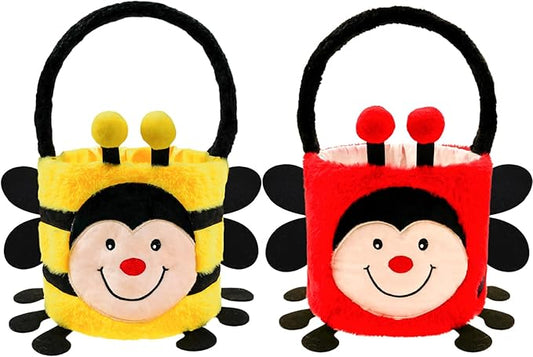 DearSun 2 Pcs Easter Basket Bee & Ladybird Plush Baskets, Easter Egg Hunting Basket for Kids Gifts Party Decoration Supplies, Dia 8" * H 15.7"(Ladybird & Bee)