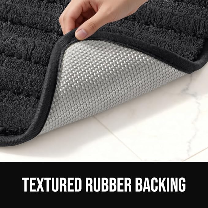GORILLA GRIP Textured Backing Bathroom Rugs, Soft Memory Foam Absorbent Striped Bath Mats, Machine Washable & Fade Resistant, Bathmat Accessories for Floor, Home Decor Shower Essentials, Black 24x16