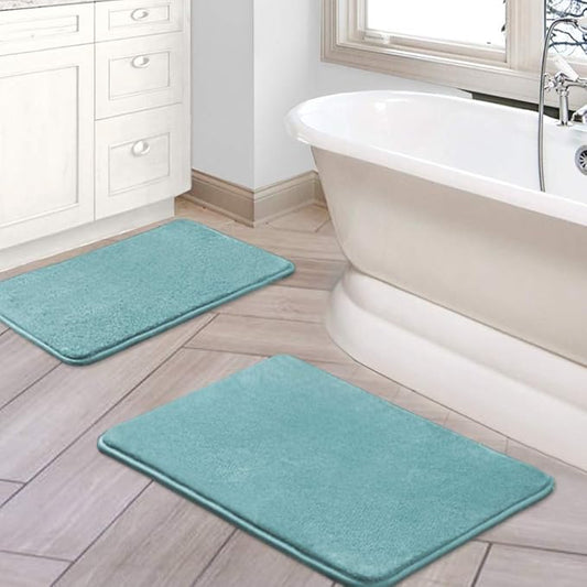 H.VERSAILTEX Bath Mat Memory Foam Set Bathroom Rug Set Flannel Velvety Bath Mat Luxury Extra Soft and Absorbent Non Slip Rugs for Bathroom/Bedroom Washable(2 Pack- 20"x 32"/ 17"x 24", Eggshell Blue)