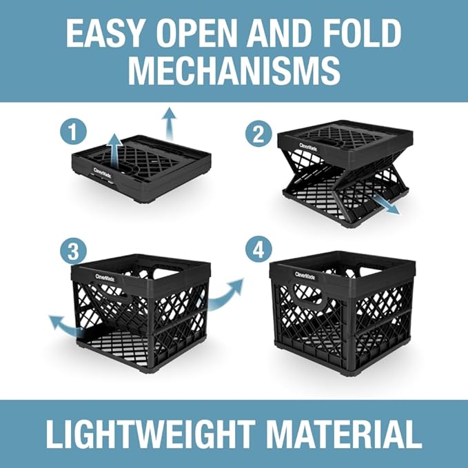 CleverMade Collapsible Milk Crate 25L (6.6 Gal), 50 lb Heavy Duty Folding Crate – Stackable Storage Crates with File Rails, Plastic Collapsible Crates for Storage - Obsidian