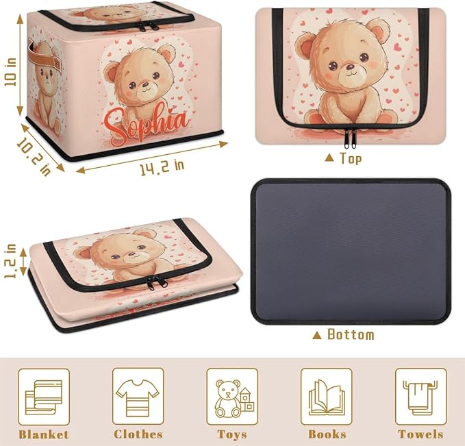 Custom Cute Bear Storage-Bin With Zipper Lid for Kids-Girls-Boys-Baby-Pet,Personalized Name Foldable Storage Box with Handle,Baby Basket With Label for Bedroom Nursery Toy Clothes,Pink
