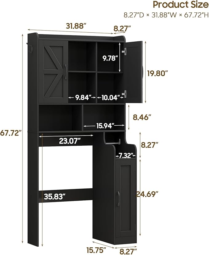 Over The Toilet Storage Cabinet, Bathroom Over Toilet Storage Organizer with Barn Doors & Paper Holder Stand, Farmhouse Space Saving Rack Cabinet with Adjustable Shelves for Bathroom, Laundry (Black)