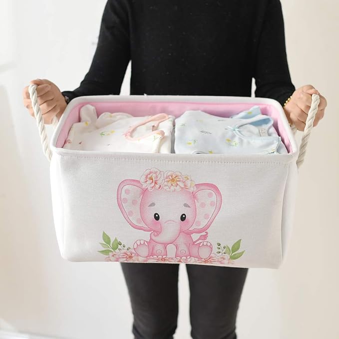 INough Pink Basket Elephant Storage Bins for Kids, Gift Box for Baby,Collapsible Storage Basket for Toys Clothes,Fabric Laundry Baskets for Baby/Kids/Nursery Room (Medium, Pink Elephant)