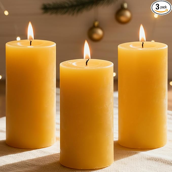 3 Packs Beeswax Pillar Candles, Pure Beeswax Candles with 35 Hours Burn Time, Smokeless & Dripless Bees Wax Candles for Home Decor, Prayer, Christmas Party(2x4 inch)