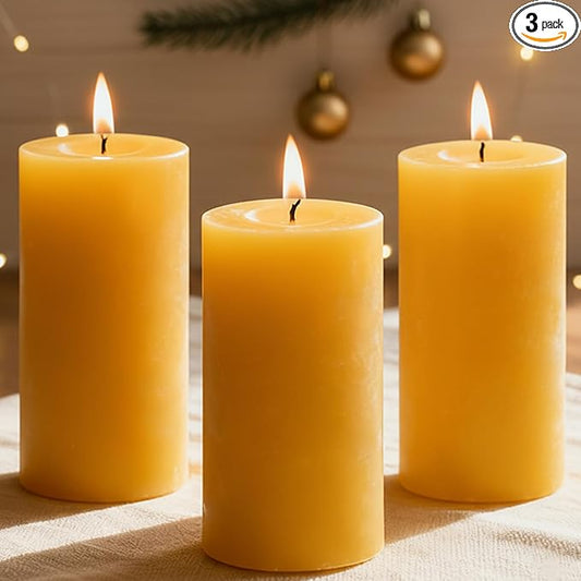 3 Packs Beeswax Pillar Candles, Pure Beeswax Candles with 35 Hours Burn Time, Smokeless & Dripless Bees Wax Candles for Home Decor, Prayer, Christmas Party(2x4 inch)