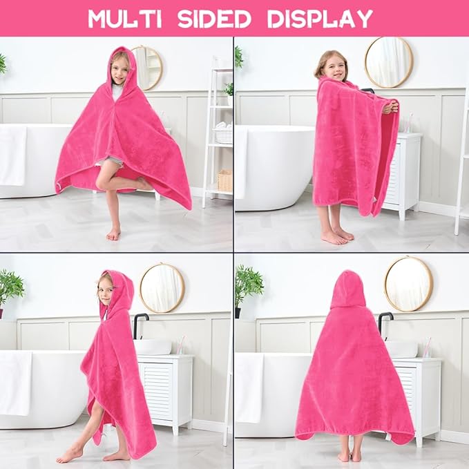 Hiturbo Kids Hooded Bath Towel: 100% Cotton Soft Thick Absorbent Towels Wrap - 50"x30" Shower Beach Pool Wearable Blanket for 3-12 Yrs Boys Girls - Pink