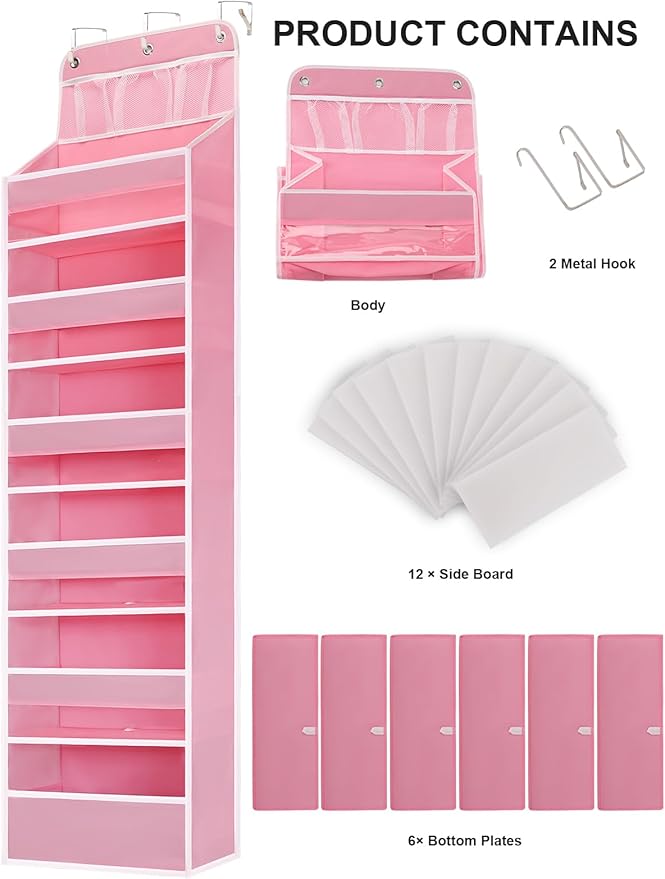 Over Door Hanging Organizer, No Tilt Baby Closet Organizer for Diaper Kids Toys, Hanging Organizer Storage for Newborn Essentials Nursery Bathroom (6 tier Pink)