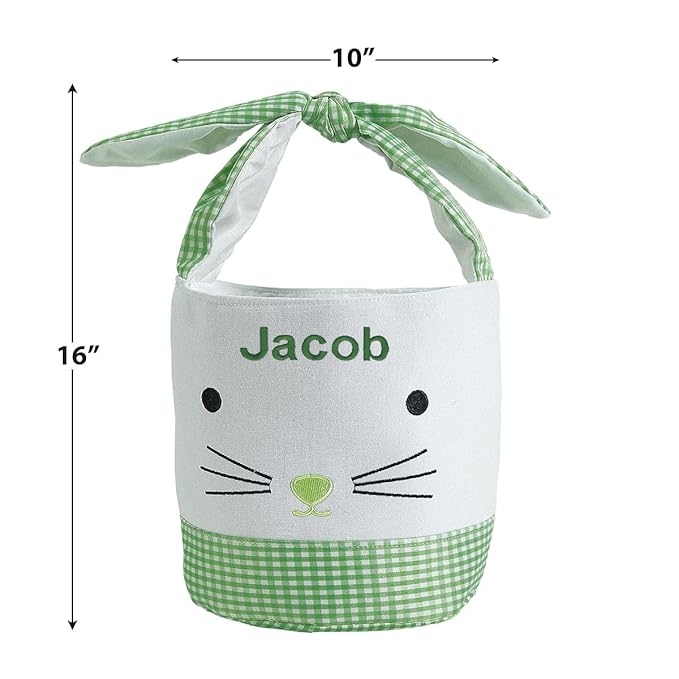 Lillian Vernon Personalized Kids Green Gingham Easter Bag - 10" Diameter x 10.5"Tall, 100% Polyester Easter Basket, Add Initials or a Name, Easter Treat Bag