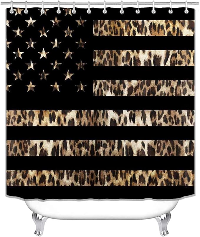 4PCS Black American Flag Leopard Shower Curtain Sets with Rugs, Waterproof Fabric Shower Curtain, Cheetah Print African Animal Safari Wildlife Skin Stars and Stripes USA Flag Bathroom Decor