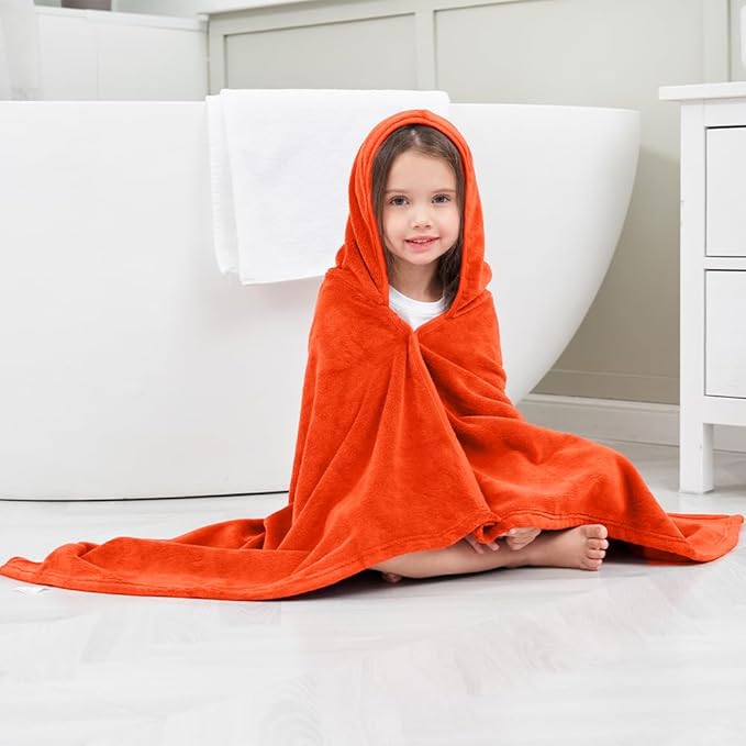 Hiturbo Kids Hooded Bath Towel: Soft Plush Pool Beach Fleece Towel Blanket - 50"x30" Toddler Towels Wrap for Boys Girls 3-12 Years (Orange)