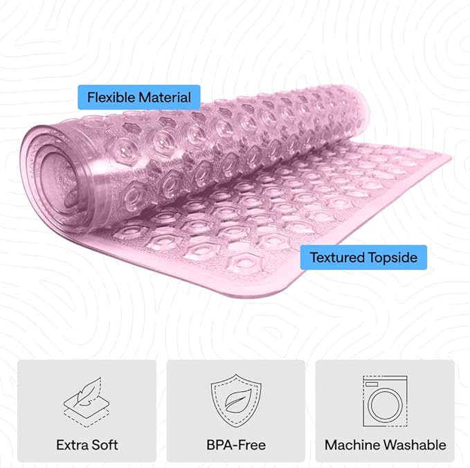 GORILLA GRIP Patented Bath Tub Shower Mat, Machine Washable Bathtub Floor Liner Mats, Suction Cups and Drain Holes to Keep Tubs Clean, Soft on Feet, Bathroom Essentials, 35x16 Inch, Clear Purple