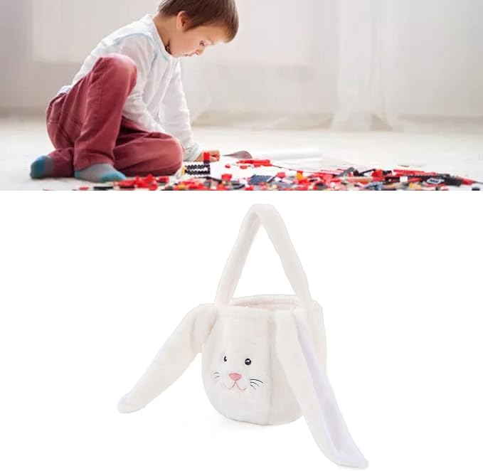 Spryflower Plush Easter Bunny Basket, Children Easter Basket, Cute Cartoon Long Ears Bunny Egg Basket, Soft Plush Easter Gift Bag for Kids, Perfect for Easter Egg Hunt and Family Gath (White)