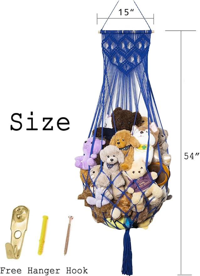 Stuffed Animal Hammock Wall Hanging Net for Stuffed Animal Net Stuffed Animal Storage Plush Toy Holder Toy Organizer for Boho Kidroom Nursery (Blue)