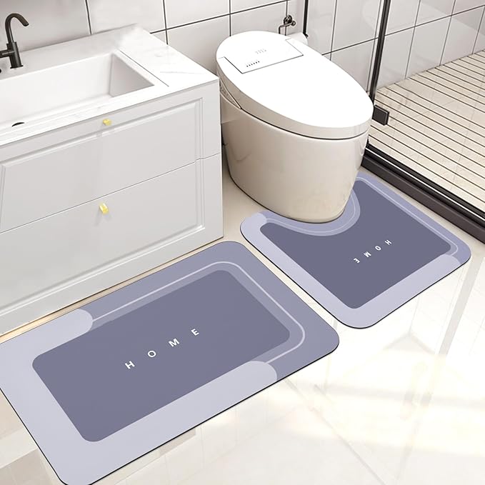 2PCS Absorbent Bath Mat Magic Rug Sets, Quick Drying Bath Mat Non-Slip Floor Rug Rubber Backed for Bathroom Kitchen Shower Sink, Water Absorbent (19.7''x23.6''+19.7''x31.9'', Blue)