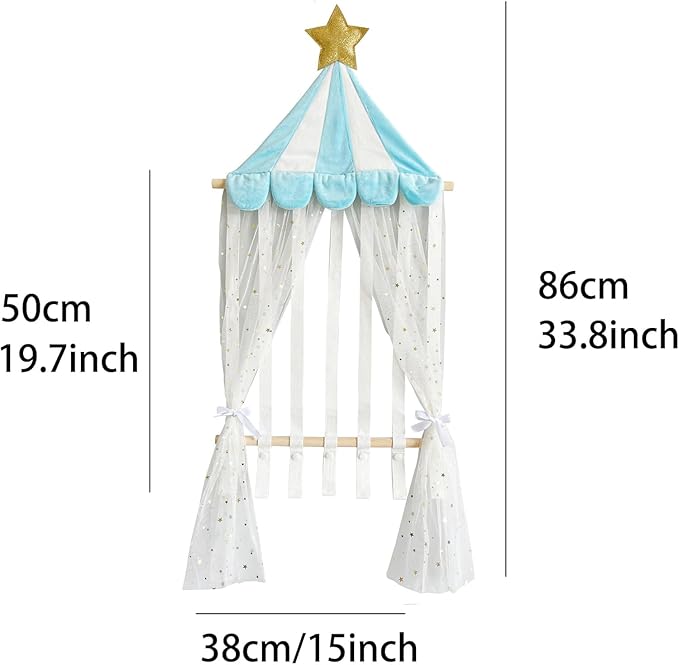 Hair Bow Organizer, Gold Star Canopy Design, White Tulle Curtain Display, Wall Mounted Storage for Baby Girls Headbands, Pink and Cream Scalloped Top (Blue)