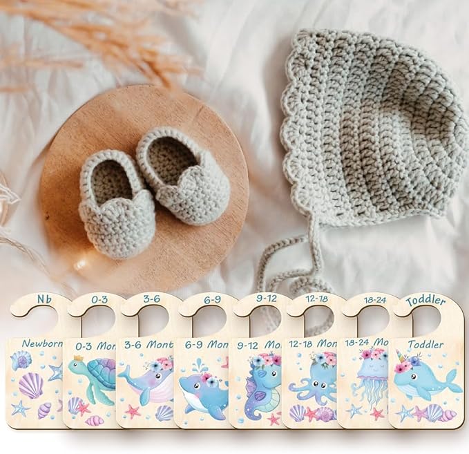 CRASPIRE 10Pcs Wood Baby Wardrobe Dividers Ocean Size Divider Closet Organizers Turtle Seahorse Clothes Whale Shell Nursery Decor from Newborn to 36 Month Hanger Baby Infant for Newborn Baby Shower