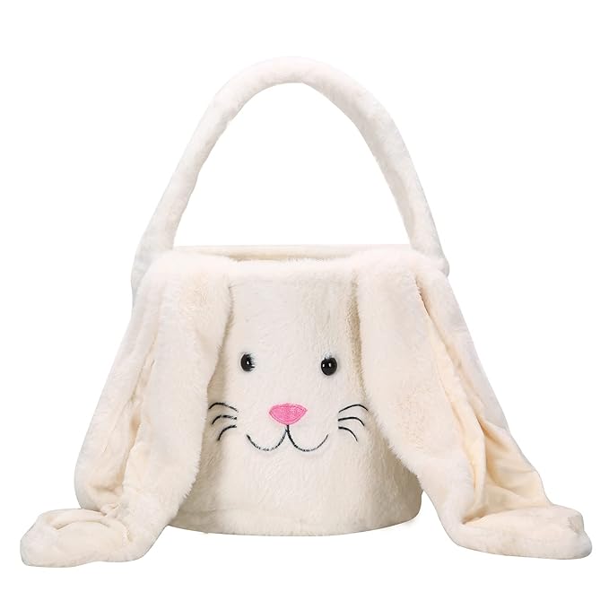 Plush Easter Bunny Basket,Soft Bunny Easter Bucket for Egg Hunt and Candy,Easter Decorations Party Favors Gifts Storage (Plush-White)
