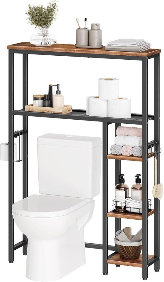 HOOBRO Over The Toilet Storage Cabinet, Freestanding Bathroom Organizer with Toilet Paper Holder, Hooks, 5-Tier Bathroom Storage Shelves for Laundry Room, Space Saver, Rustic Brown and Black BF84TS01