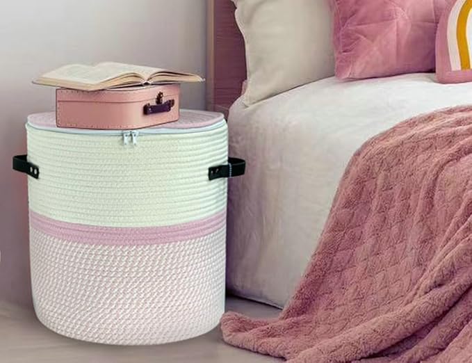 Cotton rope Storage Basket with Zipper cover & Woven baskets with Lid easy to move Multi-Purpose Storage Basket for Living Room, 13 x14 inches(Pink+White)