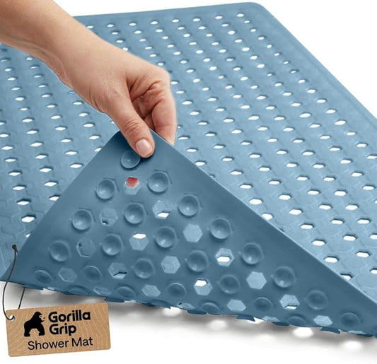 GORILLA GRIP Patented Bath Tub Shower Mat, Machine Washable Bathtub Floor Liner Mats, Suction Cups and Drain Holes to Keep Tubs Clean, Soft on Feet, Bathroom Essentials, 35x16 Inch, Sky Blue Opaque