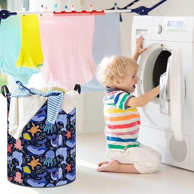 19.7" Laundry Basket, Dirty Clothes Hamper, Waterproof Storage Bin, Room Decor, Gift Baskets,Nursery Hamper(Line Ocean)