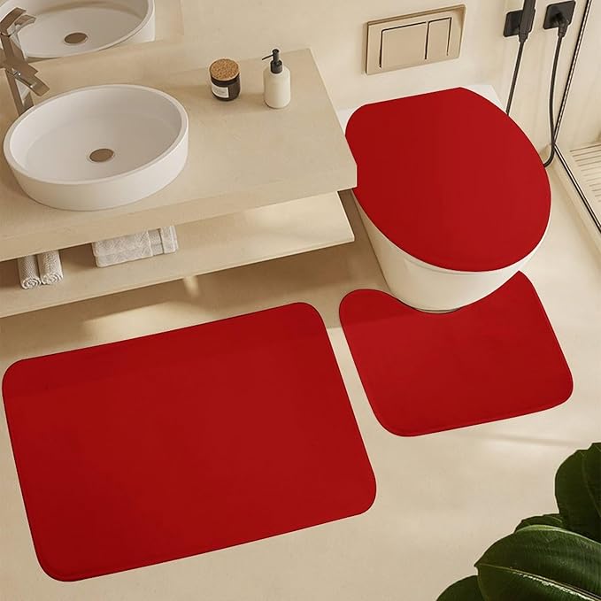 3 Pieces Bath Rug Sets, Red Trend Colors Bathroom Mat Set Non Slip U Shaped Contour Rug & Toilet Lid Cover