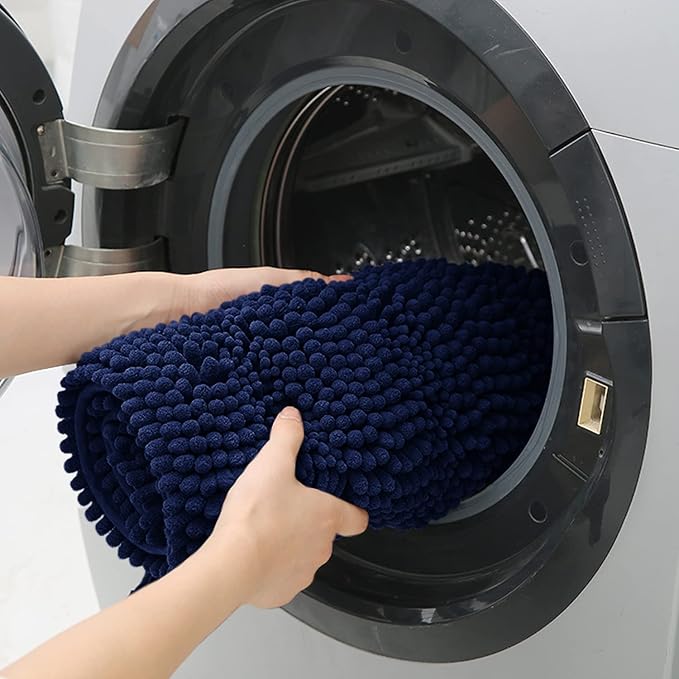 ACCUMTEK Extra Long Striped Navy Blue Bathroom Rug Mat 70"x24" Ultra Soft, Non Slip Chenille Bath Rugs, Absorbent Plush Shaggy Bath Mats for Bathroom, Bedroom, Kitchen, Shower, Tub