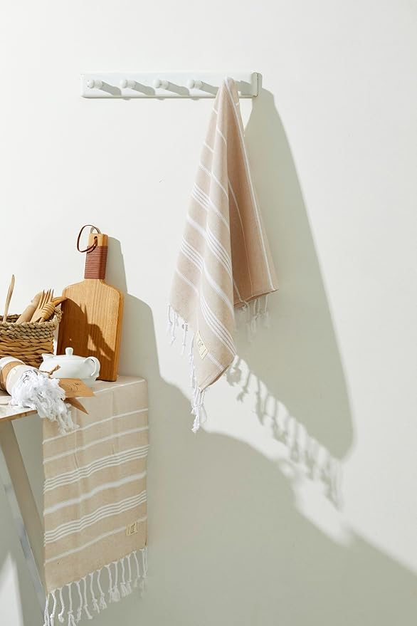 Hand Towels - Set of 2, 18" x 30" inches, Decorative Peshtemal Cotton Hand Towels for Kitchen, Bath, Guest, Face, Hair, Gym, Yoga, Dishcloth, Travel (Beige)