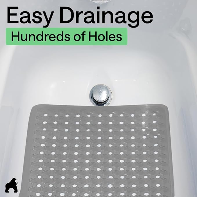 GORILLA GRIP Patented Bath Tub Shower Mat, Machine Washable Bathtub Floor Liner Mats, Suction Cups and Drain Holes to Keep Tubs Clean, Soft on Feet, Bathroom Essentials, 35x16 Inch, Gray Opaque