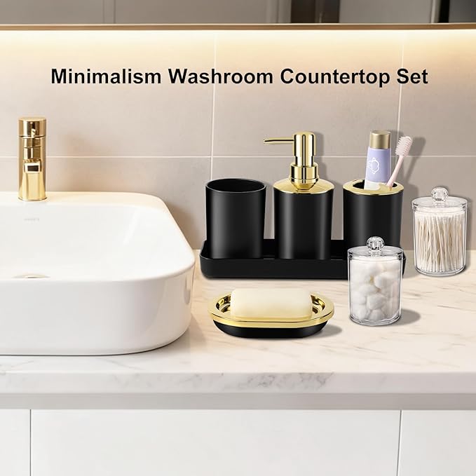 25 Pieces Bathroom Set Black and Gold Bathroom Accessories Set, Shower Curtain and Rugs, Trash Can, Toilet Brush, Soap Dispenser, Soap Dish, Toothbrush Holder, Tumbler, Tray, Qtip Holder