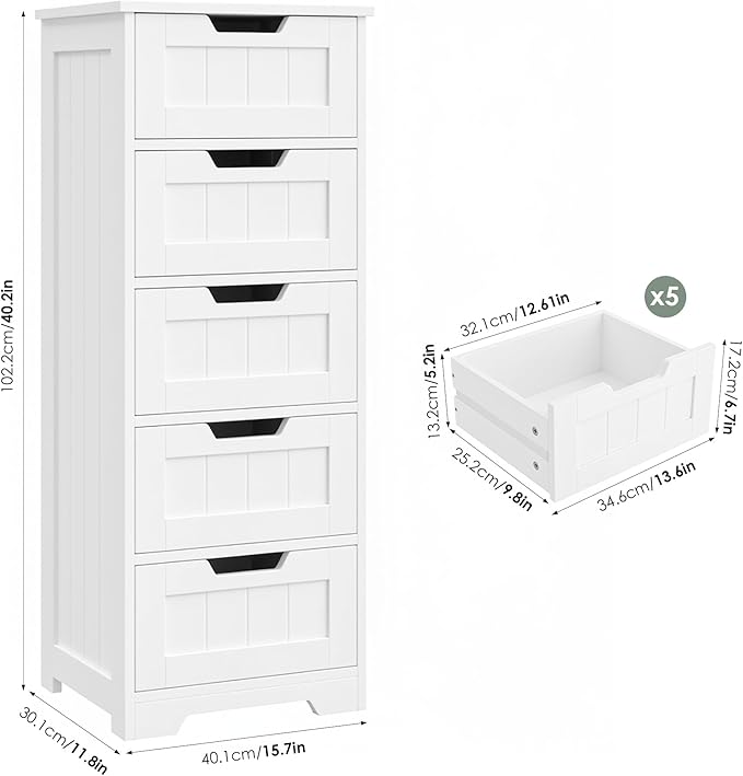 FOTOSOK Bathroom Cabinet, Bathroom Storage Cabinet with 5 Drawers, Wooden Storage Cabinets with Cut-Out Handles, 11.8” x 15.7” x 40.1” Bathrooms Floor Cabinets for Hallway/Living Room, White