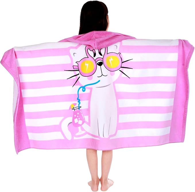 Hooded Beach Towel, Microfiber Hooded Beach Towel For Kids Toddler Infant Boy Girl, Beach Towel with Hood For Bath Pool Swim Swimwear Summer Beach Essentials Cartoon Shower Gift (24x50 Inch, Pink Cat)