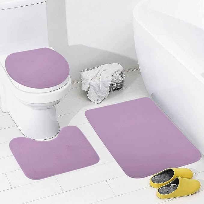 3 Pieces Bath Rug Sets, Purple Lilac Trend Color Bathroom Mat Set Non Slip U Shaped Contour Rug & Toilet Lid Cover