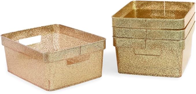 Isaac Jacobs Small Glitter Storage Bin (10” x 7.5” x 4.25”) Set w/Cut-Out Handles, Plastic Organizer, Multi-Functional, Home Storage Solution, Kids Playroom, Bedroom, Closet (4, Gold)