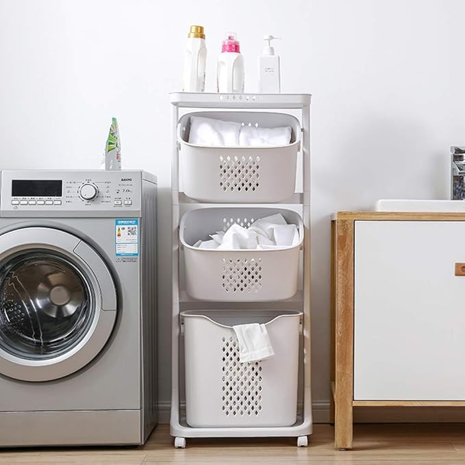 Manskskim Bathroom Laundry Basket 3 Layer Clothes Storage Basket Household Kitchen Shelf Fruit Stand Bathroom Simple Storage Shelf with Wheels