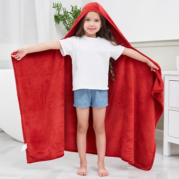 Hiturbo Kids Hooded Bath Towel: Soft Plush Pool Beach Fleece Towel Blanket - 50"x30" Toddler Towels Wrap for Boys Girls 3-12 Years (Red)