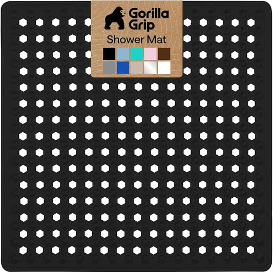 GORILLA GRIP Patented Square Shower Stall Mat, Small Bathtub Floor Mats for Stand Up Showers, Suction Cups and Drainage Holes, Machine Wash, Soft on Feet, Bathroom Accessories 21x21 Inch, Black Opaque