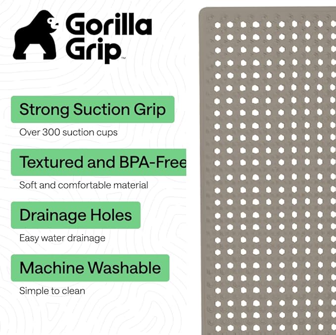 GORILLA GRIP Patented Bath Tub Shower Mat, Machine Washable Bathtub Floor Liner Mats, Suction Cups and Drain Holes to Keep Tubs Clean, Soft on Feet, Bathroom Essentials, 35x16 Inch, Beige