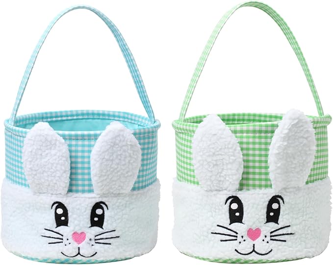 CHOIEO Plush Easter Baskets with Embroidered Bunny Face for Egg Hunts, Gifts, Toys and Spring Decor (Blue+Green)
