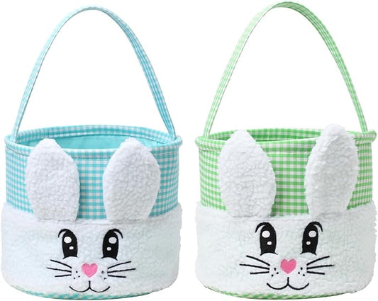 CHOIEO Plush Easter Baskets with Embroidered Bunny Face for Egg Hunts, Gifts, Toys and Spring Decor (Blue+Green)