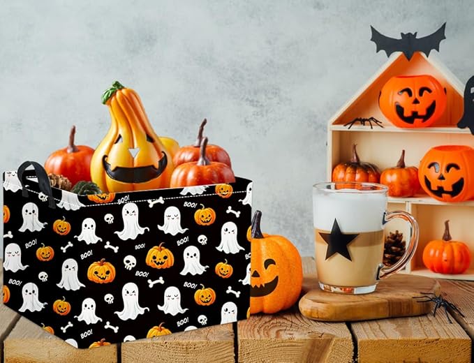 HIYAGON Rectangular Halloween Basket for Boys and Girls Kids Trick or Treat Pumpkin Basket for Halloween Parties Cute Storage Bin Organizer Box Room Decor(Black halloween)