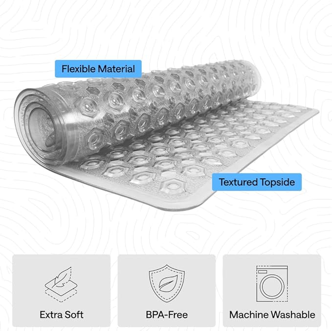 GORILLA GRIP Patented Bath Tub Shower Mat, Machine Washable Bathtub Floor Liner Mats, Suction Cups and Drain Holes to Keep Tubs Clean, Soft on Feet, Bathroom Essentials, 35x16 Inch, Clear Gray