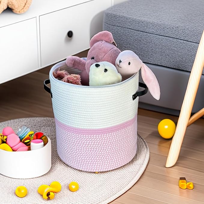 Cotton rope Storage Basket with Zipper cover & Woven baskets with Lid easy to move Multi-Purpose Storage Basket for Living Room, 13 x14 inches(Pink+White)