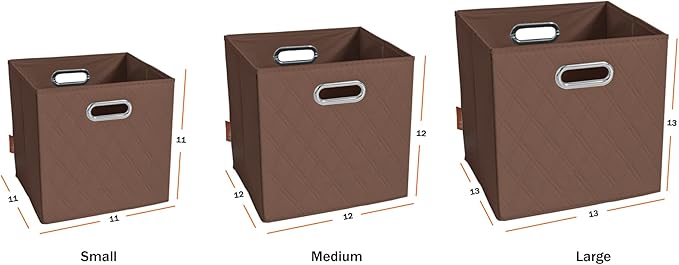 FH Group JIAessentials 12" Faux Leather Foldable Storage Cube Bins Set of 2 – Brown Diamond Patterned Organizers with Handles for Closet & Shelves