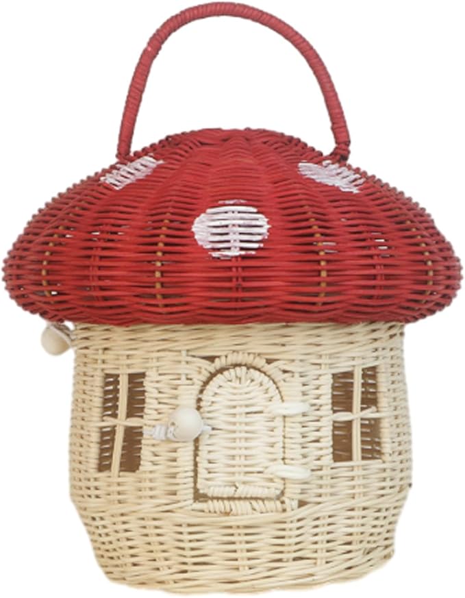 Mushroom Basket with Lid House Shaped Mushroom Basket Portable Decorative Rattan with Handle Photography Props-Gifts for Kid(RED25*26 * 26cm)